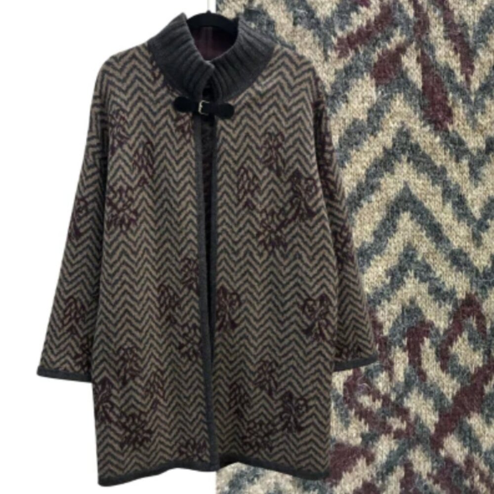 A. IDA Wool Cardigan Sweater Coat Buckle Chevron Size Large